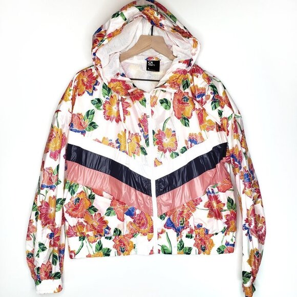 GapFit Floral Windbreaker Zip Jacket L Retro Stripe Lightweight Hood Ivory Coral - Picture 3 of 9